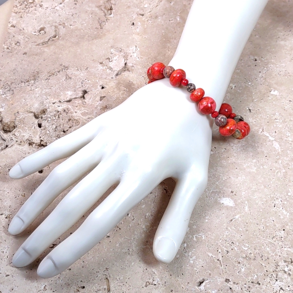 Coral/Red Carnelian/Jasper Gemstone Stretch Bracelet